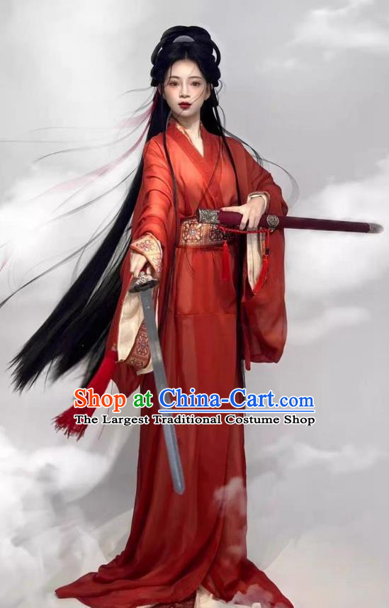 Chinese Qin Dynasty Swordswoman Red Dresses Ancient Heroine Clothing Hanfu Straight Front Robes