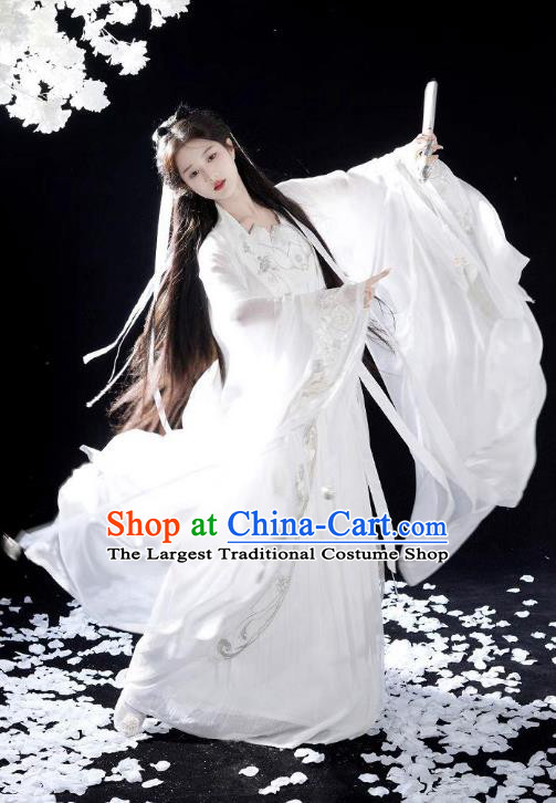 China Ancient Swordswoman Xiao Long Nv Clothing Traditional White Hanfu Dress Dragon Princess Costumes