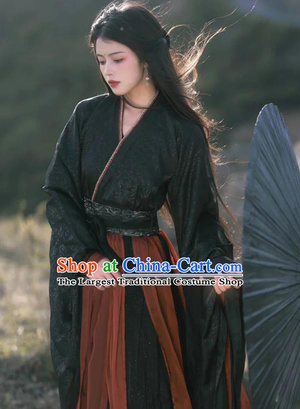 China Warring States Period Heroine Costume Ancient Swordswoman Clothing Traditional Black Hanfu Dress