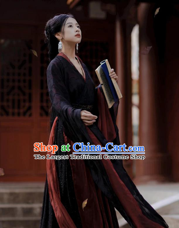 China Traditional Hanfu Black Dress Warring States Period Heroine Clothing Ancient Princess Costumes