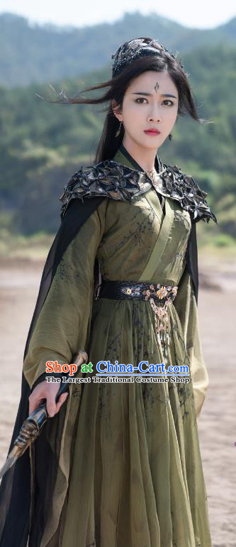 Drama Chong Zi Demon Woman Yin Shui Xian Clothing China Ancient Female Swordsman Green Costumes