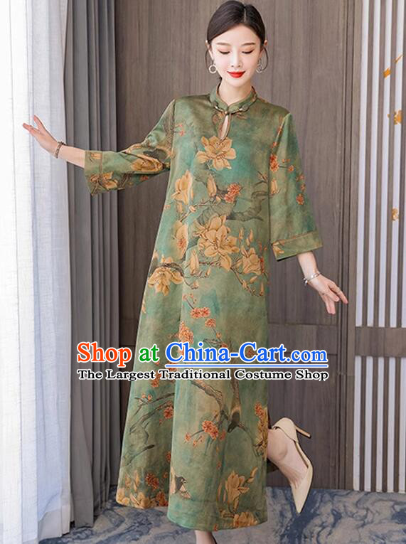 China Magnolia Pattern Cheongsam Traditional Clothing Oversize Green Dress Classic Qipao