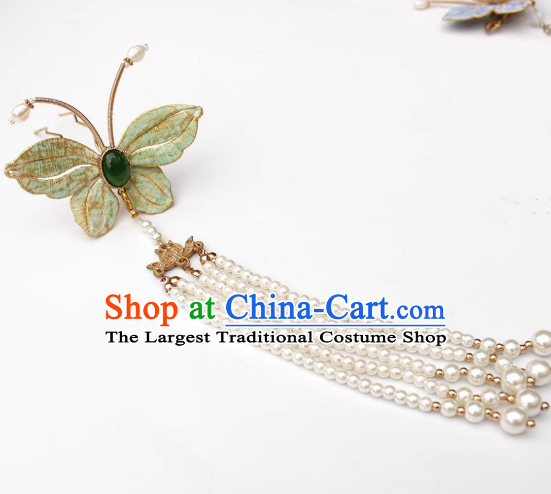 Traditional Hanfu Pearls Headpiece Handmade Green Butterfly Tassel Hairpin China Cheongsam Hair Jewelry