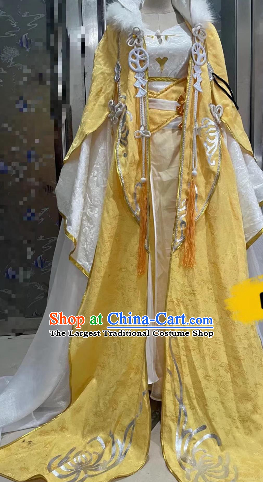 Ancient Chinese Empress Costume China Online Game Sword Heroes Fate Young Woman Cosplay Yellow Dress