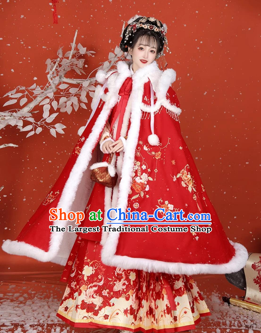 Chinese Ming Dynasty Princess Red Cloak Ancient China Noble Lady Costume Traditional Winter Hanfu Cape Embroidered Clothing