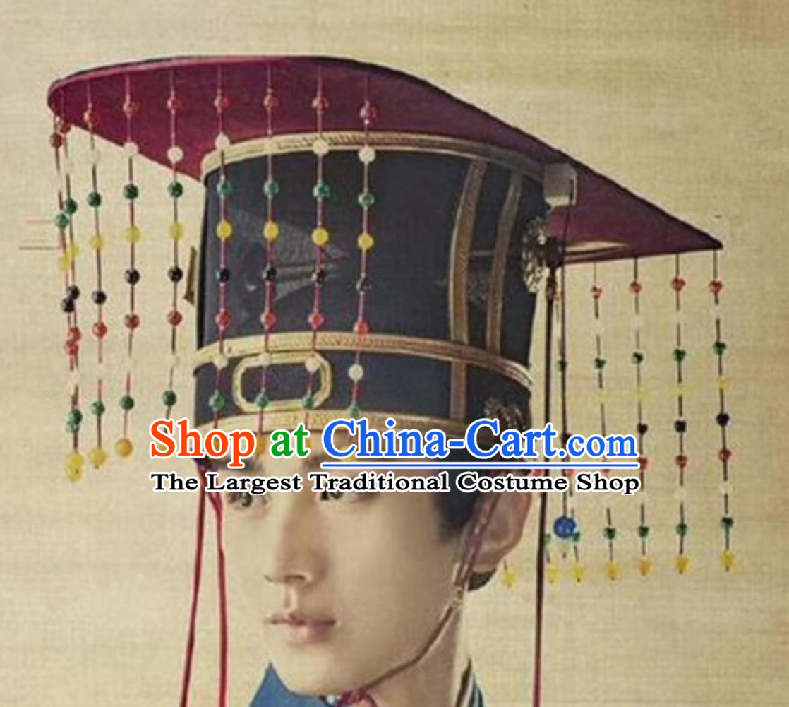 TV Series The Imperial Age Handmade Ming Dynasty Emperor Tassel Hat Chinese Traditional Hanfu Headpiece Ancient China Gems Hair Crown
