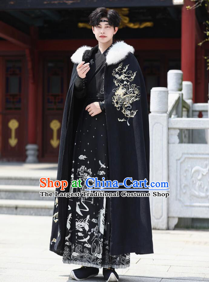 Handmade Embroidered Kylin Black Woolen Long Cloak Traditional Chinese Hanfu Mantle China Ancient Swordsman Costume