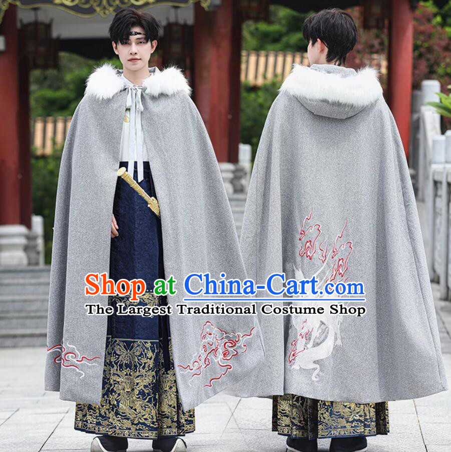 China Ancient Swordsman Costume Handmade Embroidered Deer Grey Woolen Long Cloak Traditional Chinese Hanfu Cape