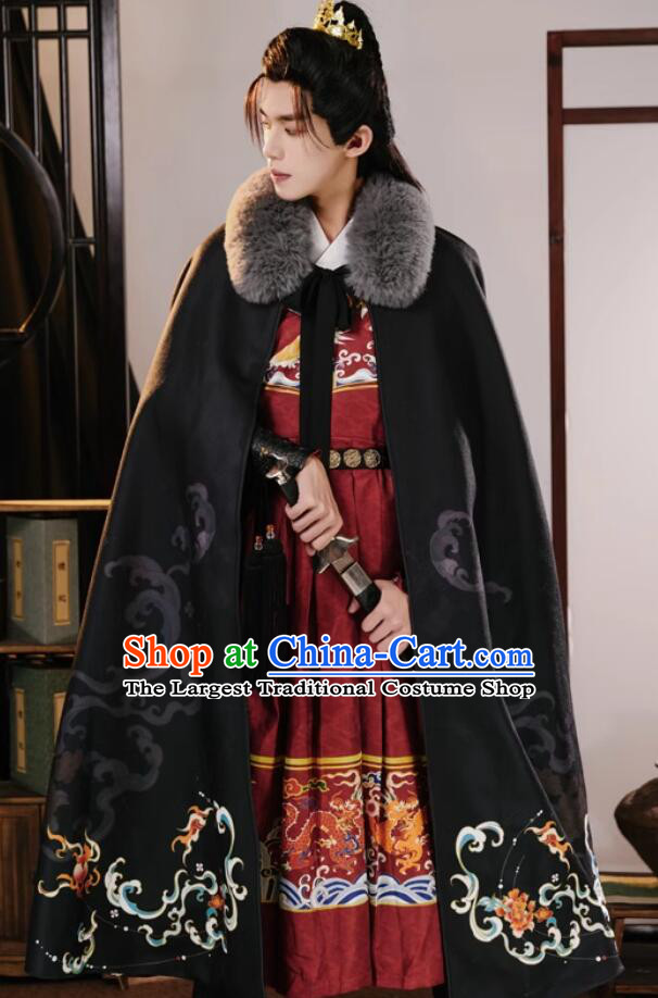 Traditional Chinese Hanfu Cape Ancient Swordsman Costume Handmade China Embroidered Fire Kylin Black Woolen Long Cloak