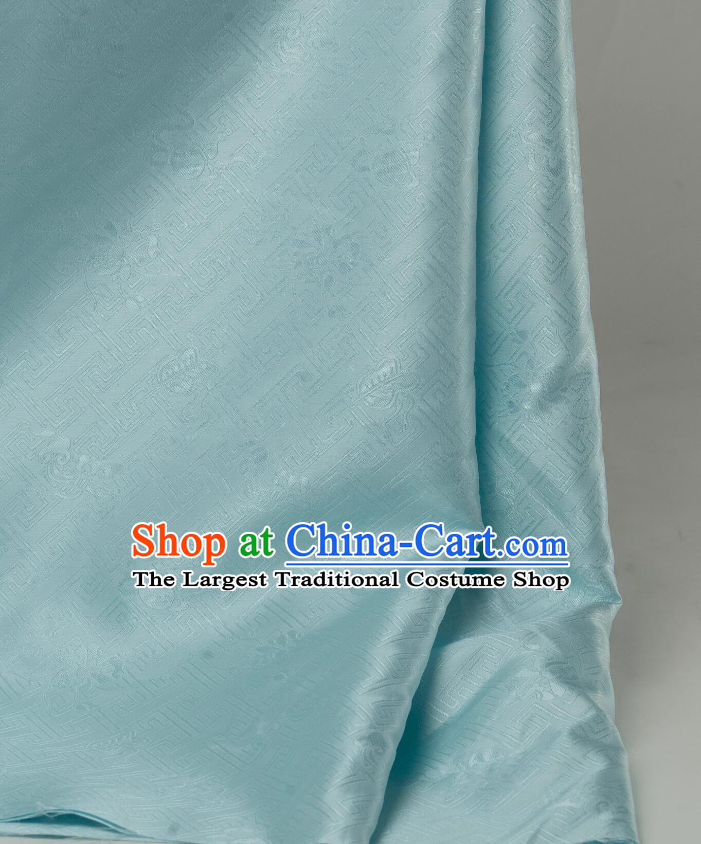 Classical Hanfu Dress Light Blue Brocade Buddhism Swastika Pattern Cloth Traditional Chinese Fabric