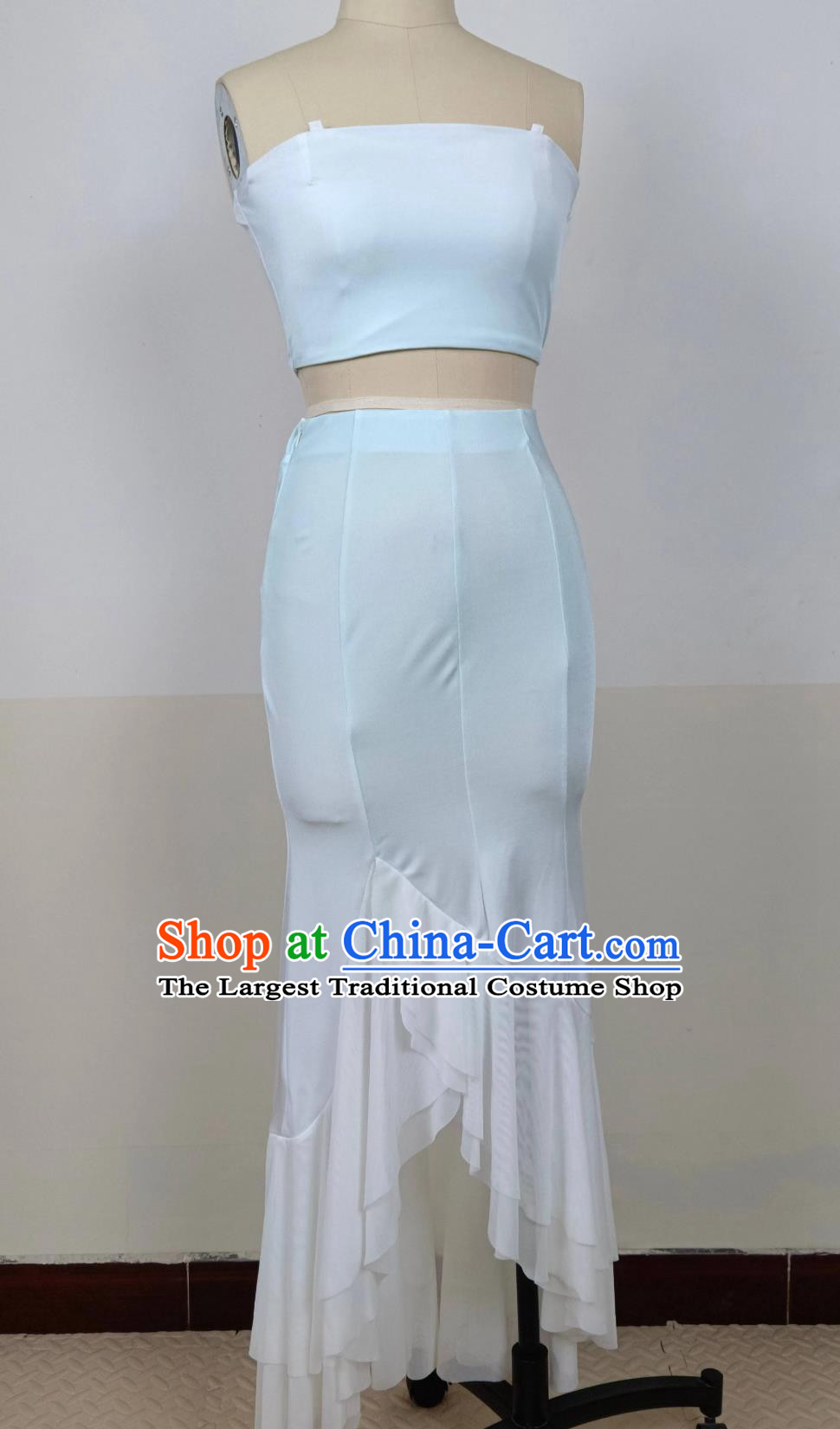 Chinese Yunnan Dai Nationality Peacock Dance Clothing Taoli Cup Dance Contest Costume Ethnic Women Group Dance Light Blue Dress