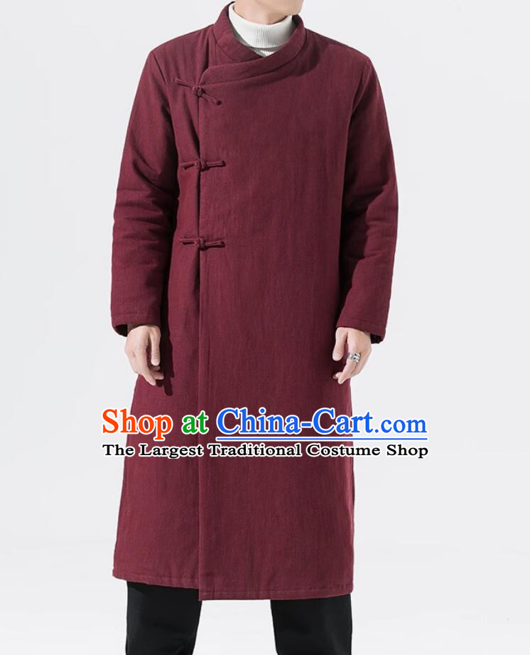 Chinese Traditional National Costume Winter Wine Red Greatcoat Tang Suit Cotton Padded Coat