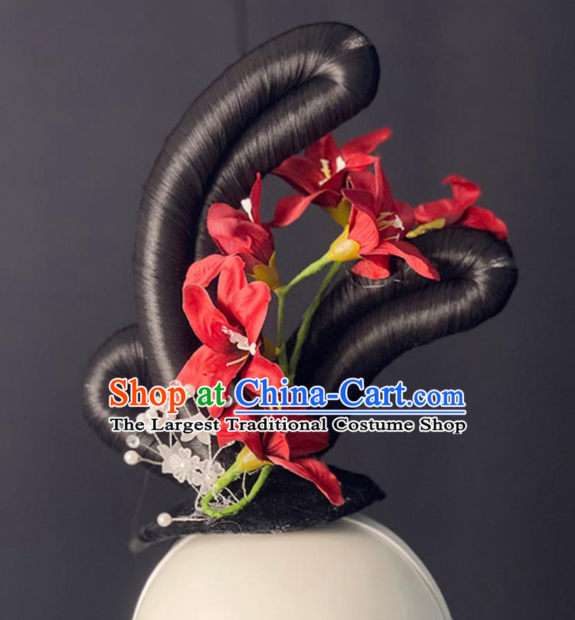 Chinese Classical Dance Red Headpieces Handmade Hanfu Dance Wig Chignon Zui Qing Bo Tang Dance Hair Jewelries