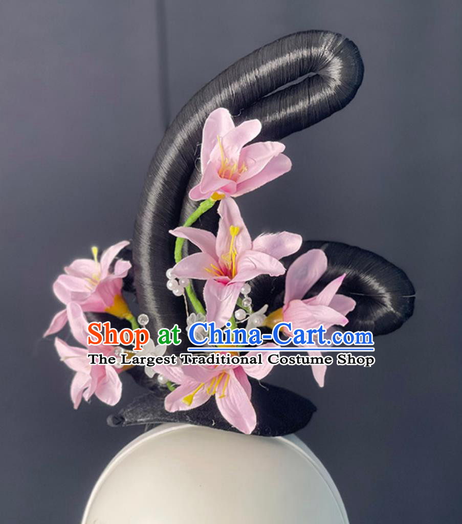Zui Qing Bo Tang Dance Hair Jewelries Chinese Classical Dance Pink Headpieces Handmade Hanfu Dance Wig Chignon