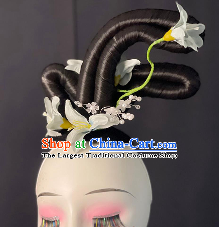 Handmade Hanfu Dance Wig Chignon Zui Qing Bo Tang Dance Hair Jewelries Chinese Classical Dance White Headpieces