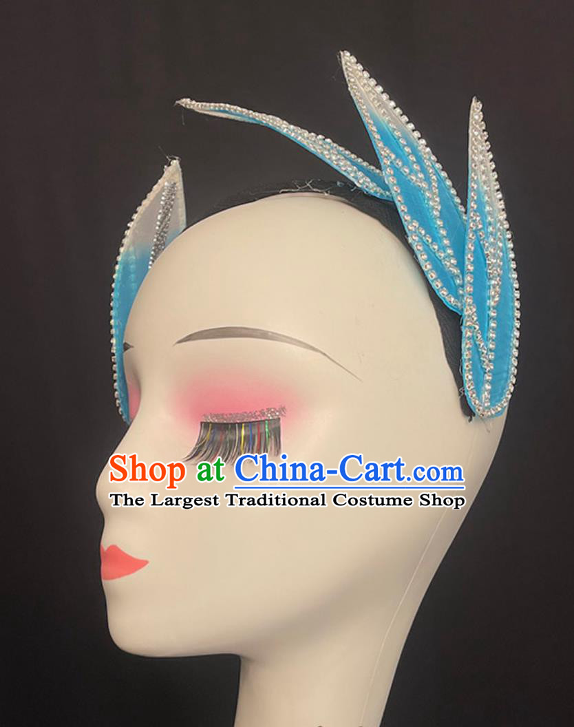 Chinese Modern Dance Hair Jewelry Handmade Spring Festival Gala Opening Dance Headpiece Women Group Dance Blue Leaf Headwear