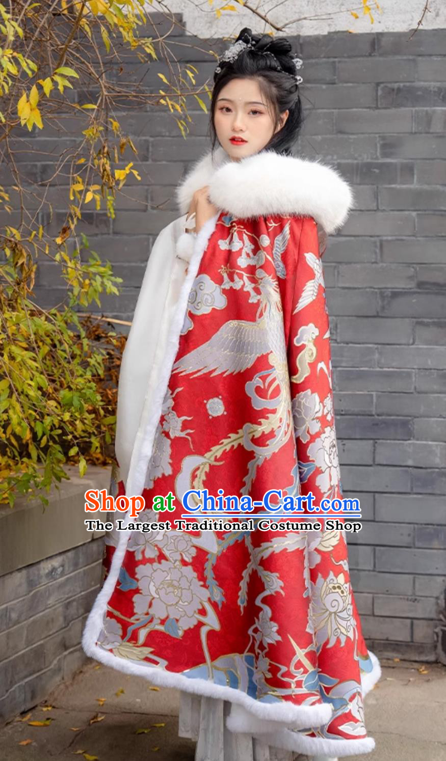 Chinese Ming Dynasty Warm Cloak Ancient China Court Empress Costume Traditional Hanfu Red Brocade Cape