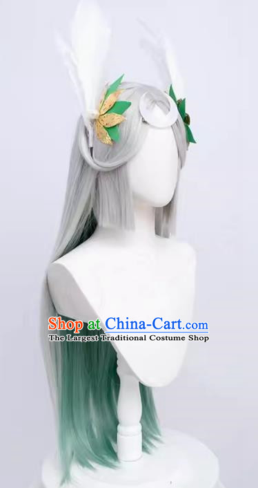 Inaba Kaguya Cos Wig Onmyoji Silver Gradient Center Parting Princess Cut Real Feather