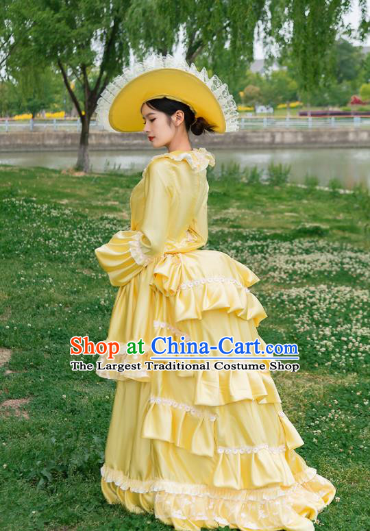 Drama Princess Yellow Long Dress European Court Costume French Medieval Retro Aristocratic Clothing