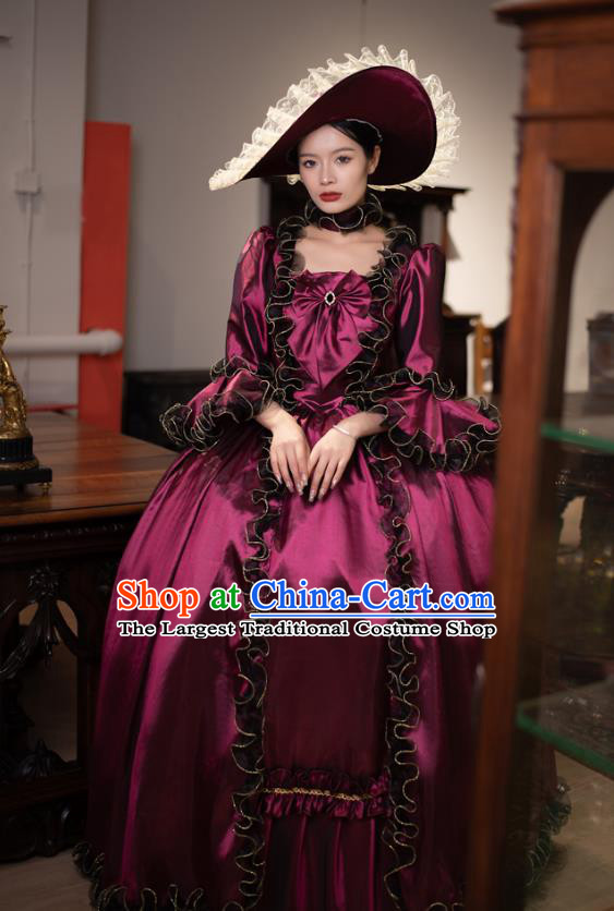 European Wine Red Court Dress Medieval Retro Aristocratic Clothing Drama Princess Costume