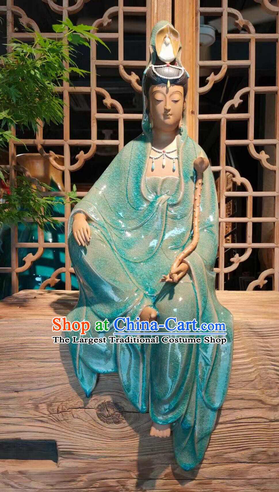 Handmade Shiwan Ceramic Sculpture Chinese Bodhisattva Figurine Green Dress Guan Yin Statue