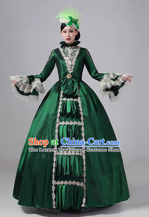 Green European Court Clothing British Medieval Noble Long Dress Retro Princess Dress Stage Walk Show Drama Costume