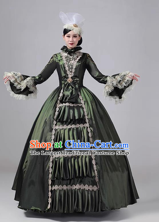 Blackish Green Drama Costume European Court Dress French Medieval Aristocratic Long Dress Retro Princess Garment Stage Walk Show Clothing