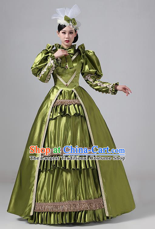 Olive Green European Court Clothing British Medieval Retro Aristocratic Princess Dress Stage Costume