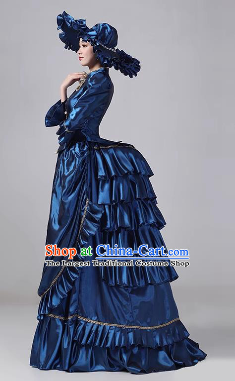 Navy Blue European Style Court Dress British Medieval Retro Costume French Style Women Robe Dress Stage Outfit Princess Dress