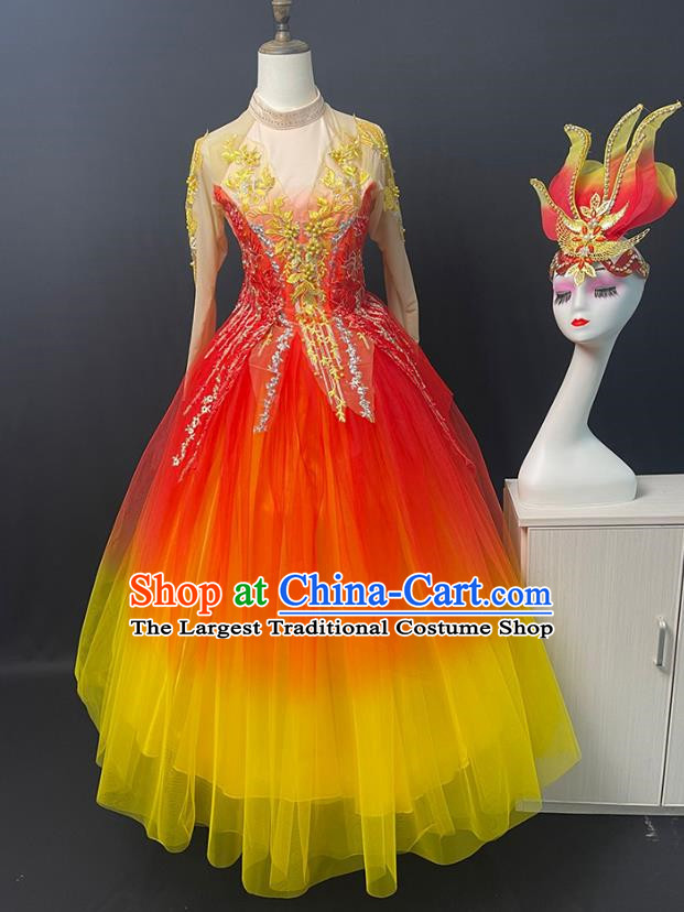 Red And Yellow Opening Dance Performance Costumes With Large Swing Skirts Female Atmospheric Singing And Dancing Costumes Spring Story Dance Costumes