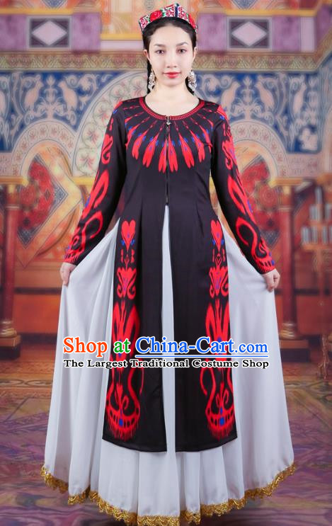 Black China Xinjiang Dance Costume Women Long Vest Uyghur Adelaide Long Ruffles