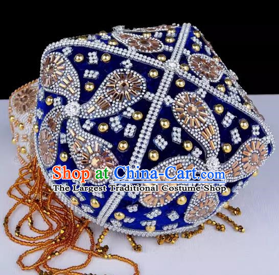 Sapphire Blue Uyghur Flower Hat Handmade Beaded Lady Red Bada Wood Flower Headdress China Xinjiang Dance Stage Hat