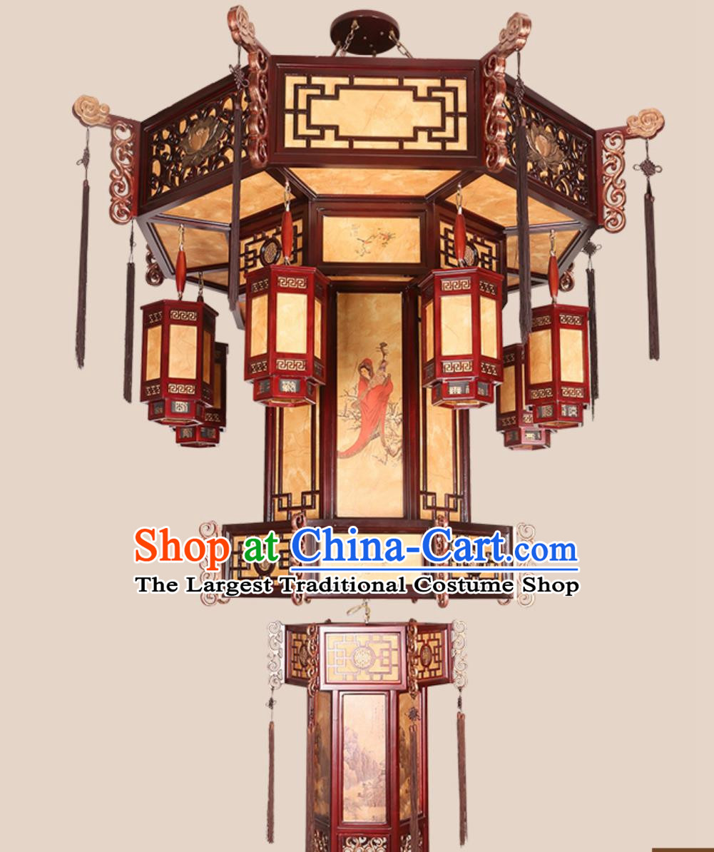 75 Inches Diameter Antique Chinese Villa Chandelier Solid Wood Hexagonal Lantern Classic Hotel Lobby Headlight