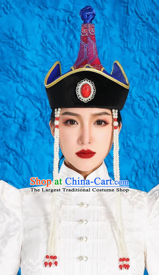 Mongolian Women Hats High End Ethnic Minority Style Wedding Bridal Headwear Photography Red Forehead Ornaments