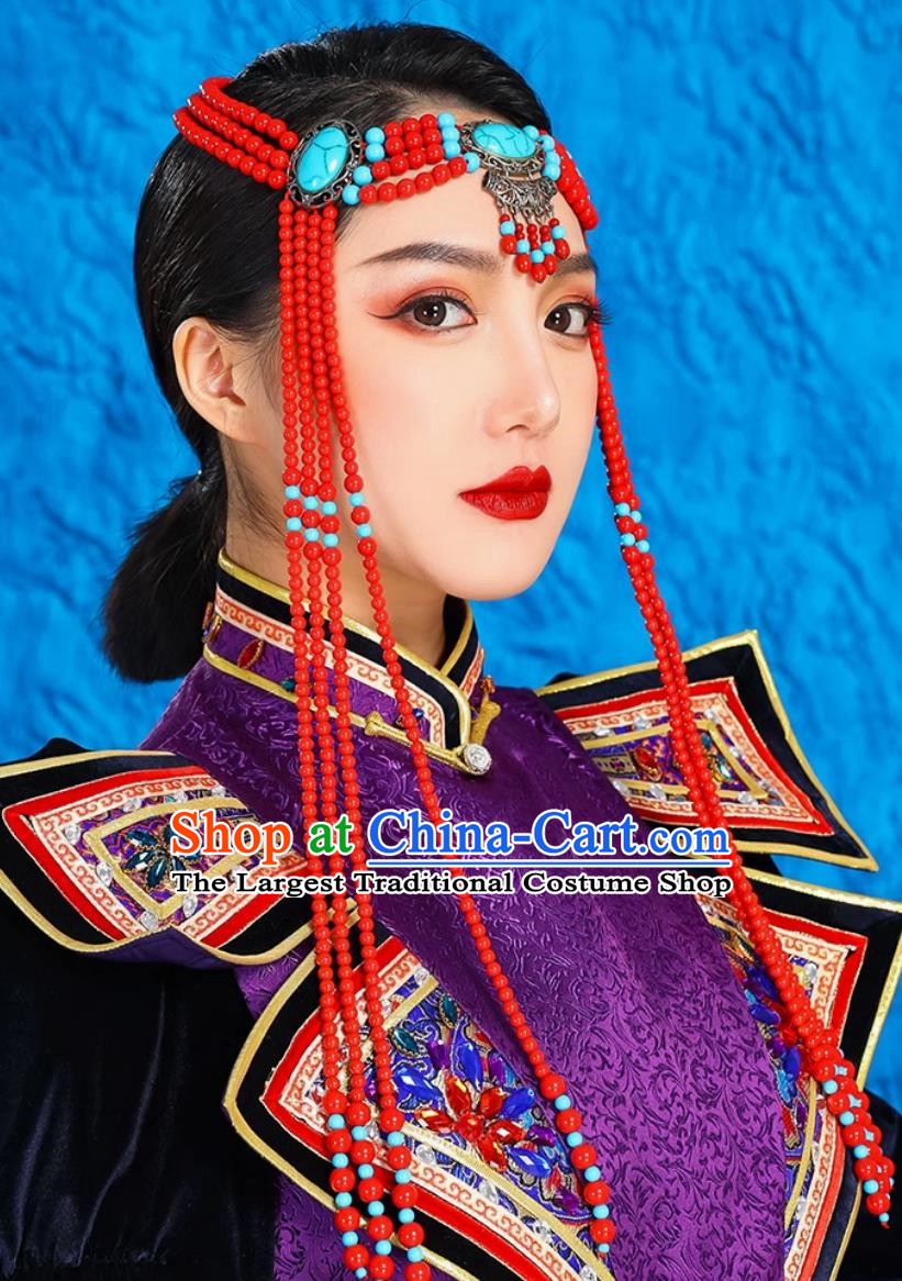 Mongolian Lady Red Bead Forehead Ornament Ethnic Ancient Style Forehead Wiping Tibetan Xinjiang Exotic Style Headdress Forehead Pendant