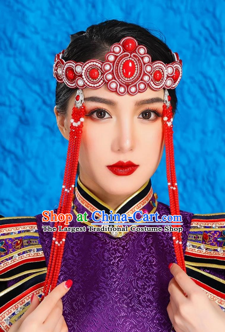 Mongolian Ladies Green Forehead Ornaments Ethnic Minority Style Headdress Bridal Beaded Forehead Pendant