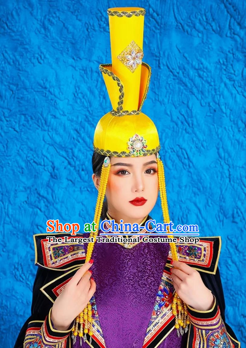 Mongolian Ladies Yellow Tall Hat Minority Style National Style Classical Tiara Catwalk Headwear