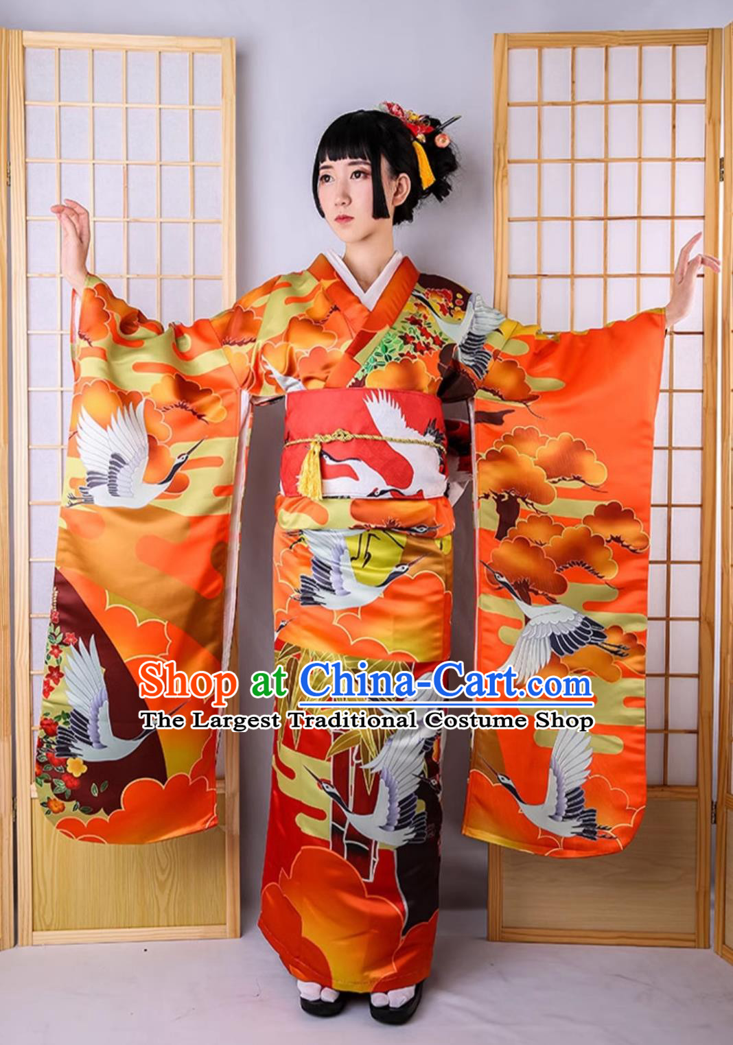 Japan Traditional Orthodox Garments Classical Crane Pattern Furisode Kimono Top Japanese National Dress