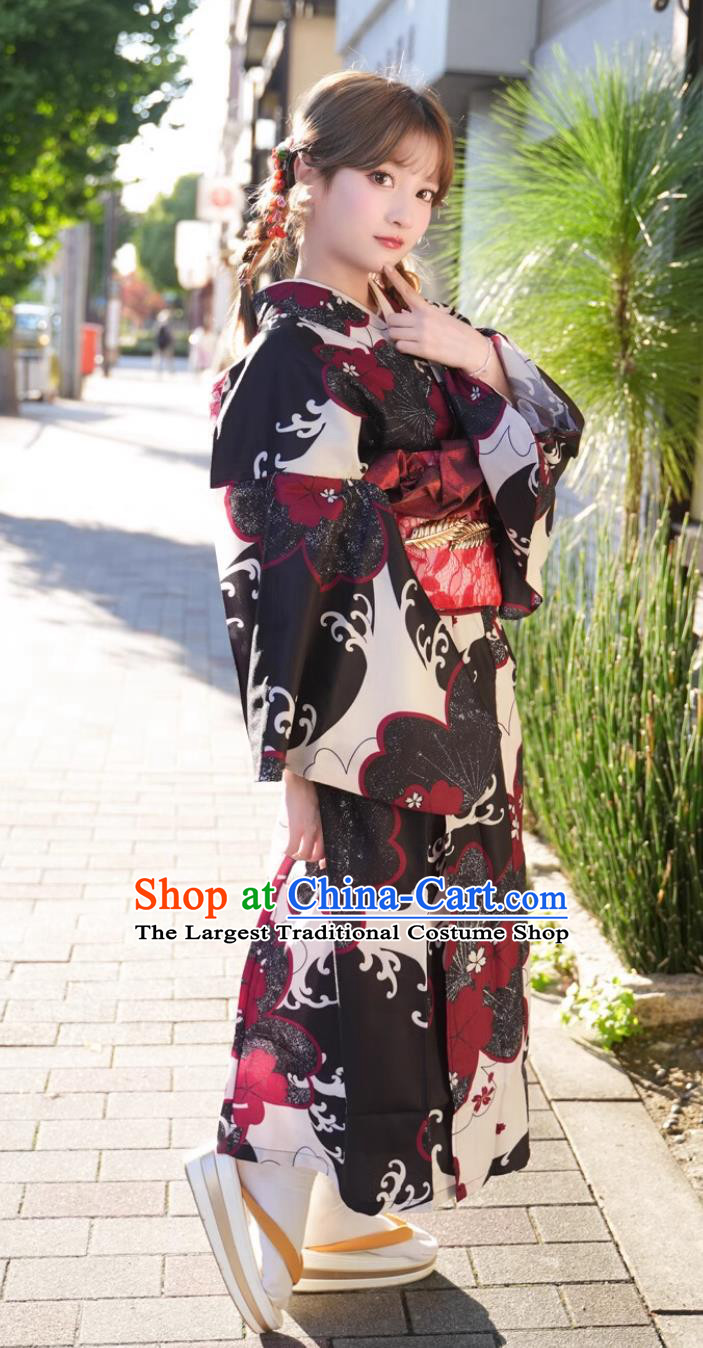 Japanese Kimono Women Traditional Clothing Formal Attire Printed Red And Black Kimono