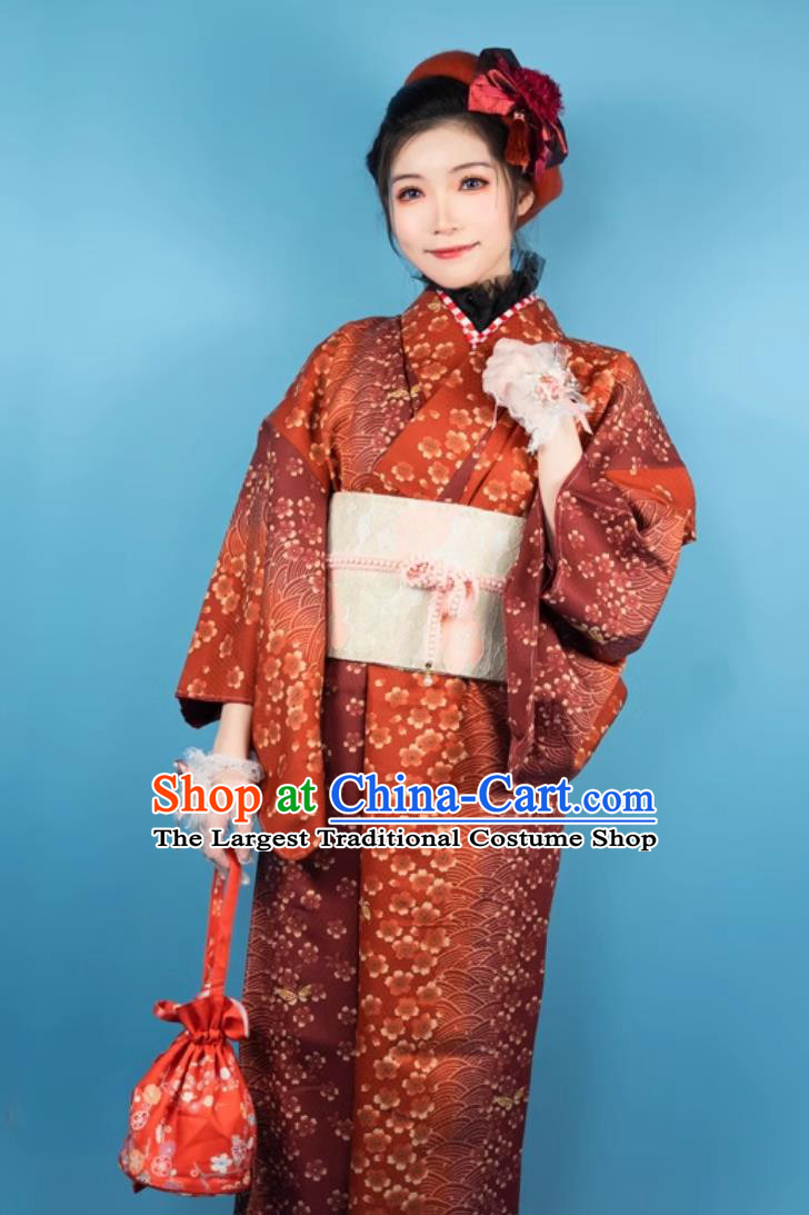 Orange Red Traditional Kimono Formal Dress For Women Japanese Taisho Floral Clothing