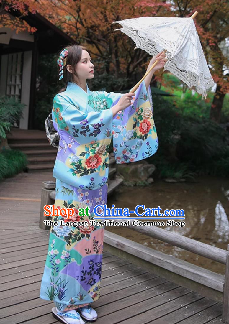 Japanese Kimono Women Blue Sakura Traditional Dress Improved Clothing