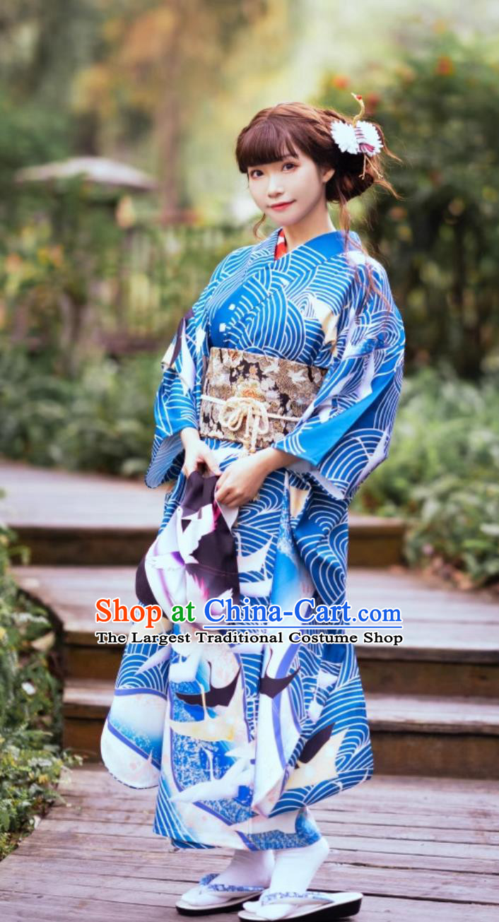 Taisho Style Japanese Traditional Clothing Long Sleeved Kimono For Women Blue Furisode Kimono