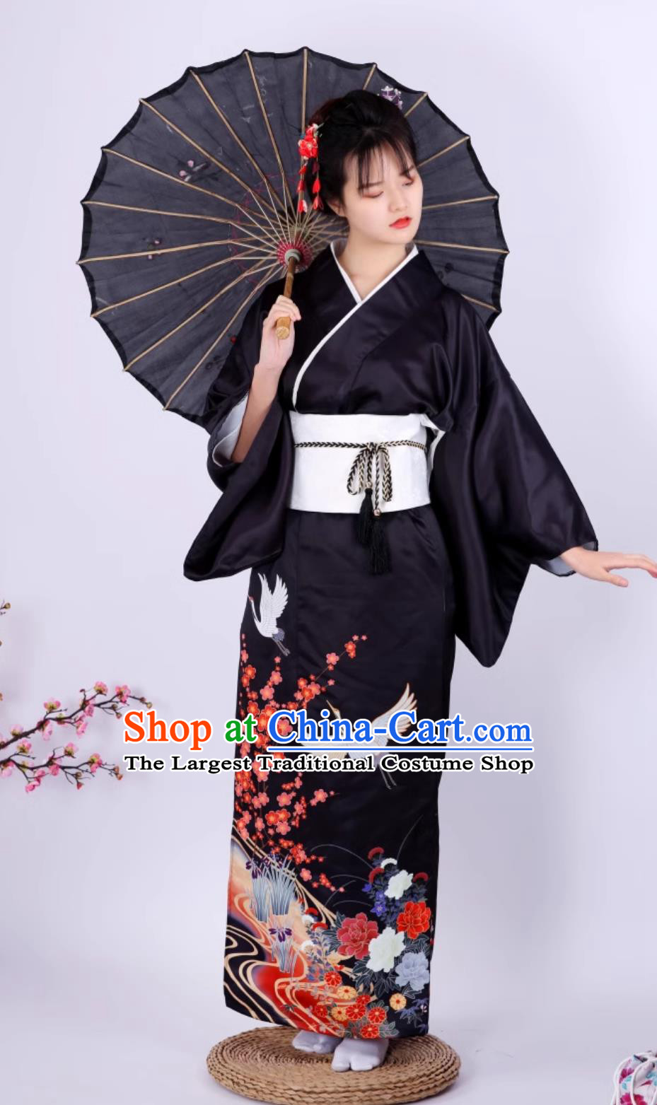 Japanese Kimono Women Formal Attire Traditional Black Sleeve Kimono Crane Kimono Set