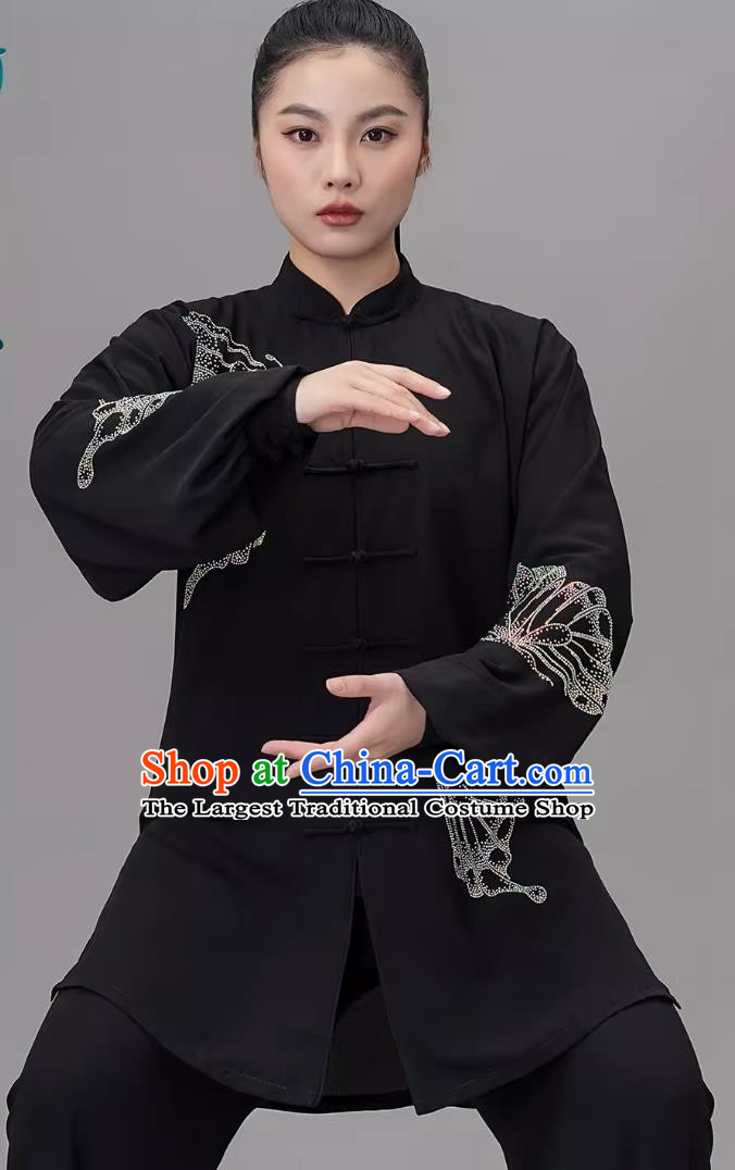 Hot Diamond Tai Chi Suit Black Chinese Style Practice Suit Competition Performance Suit