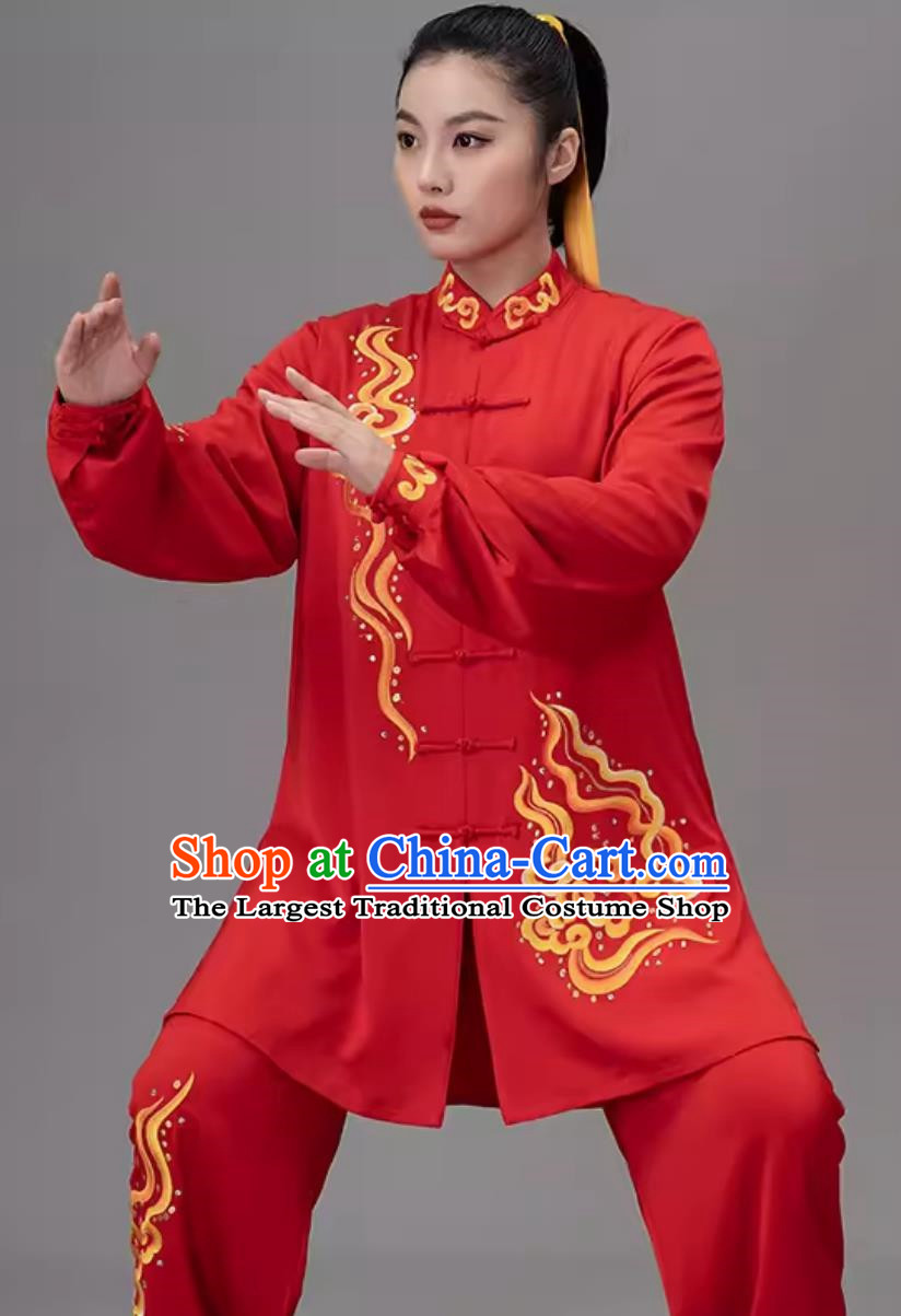 Chinese Red Embroidered Xiangyun Tai Chi Performance Competition Wear Tai Chi Suit