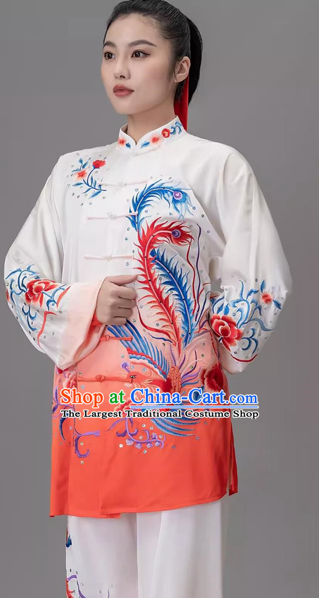 Orange Gradient Embroidered Phoenix Tai Chi Suit Embroidered Performance Suit Performance Qigong Suit