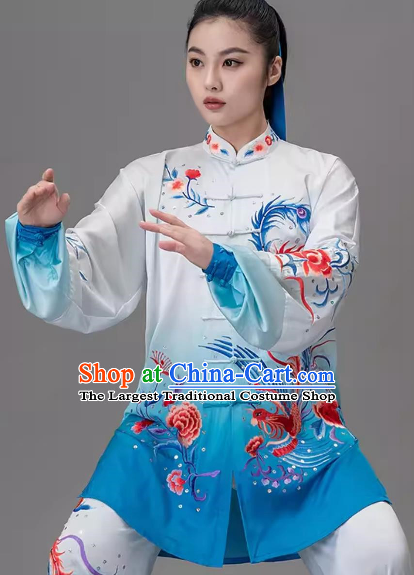 Blue Gradient Embroidered Phoenix Tai Chi Suit Embroidered Performance Suit Performance Qigong Suit