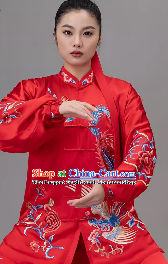 Silk Tai Chi Suit With Embroidered Phoenix For Female Training Suit Red Competition Suit