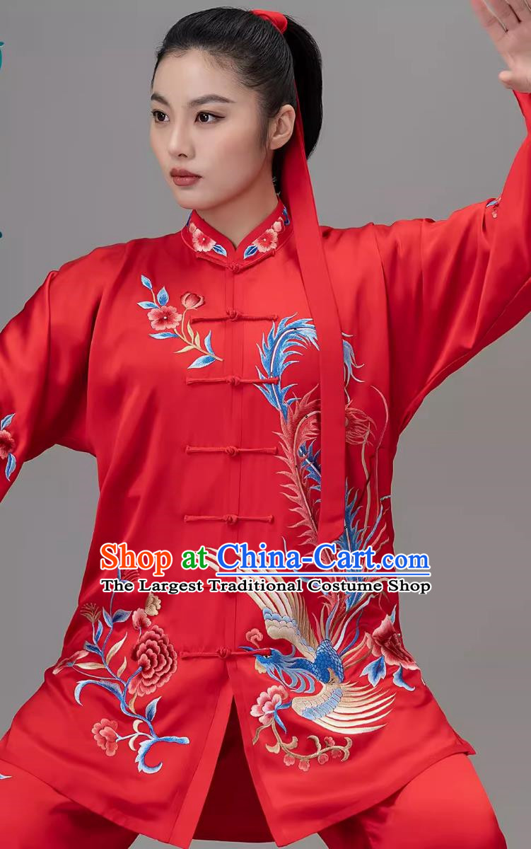 Silk Tai Chi Suit With Embroidered Phoenix For Female Training Suit Red Competition Suit