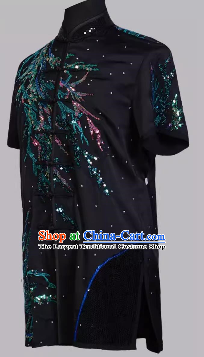 Martial Arts Uniform Sequin Embroidered Black Imitation Silk Competition Uniform Suit